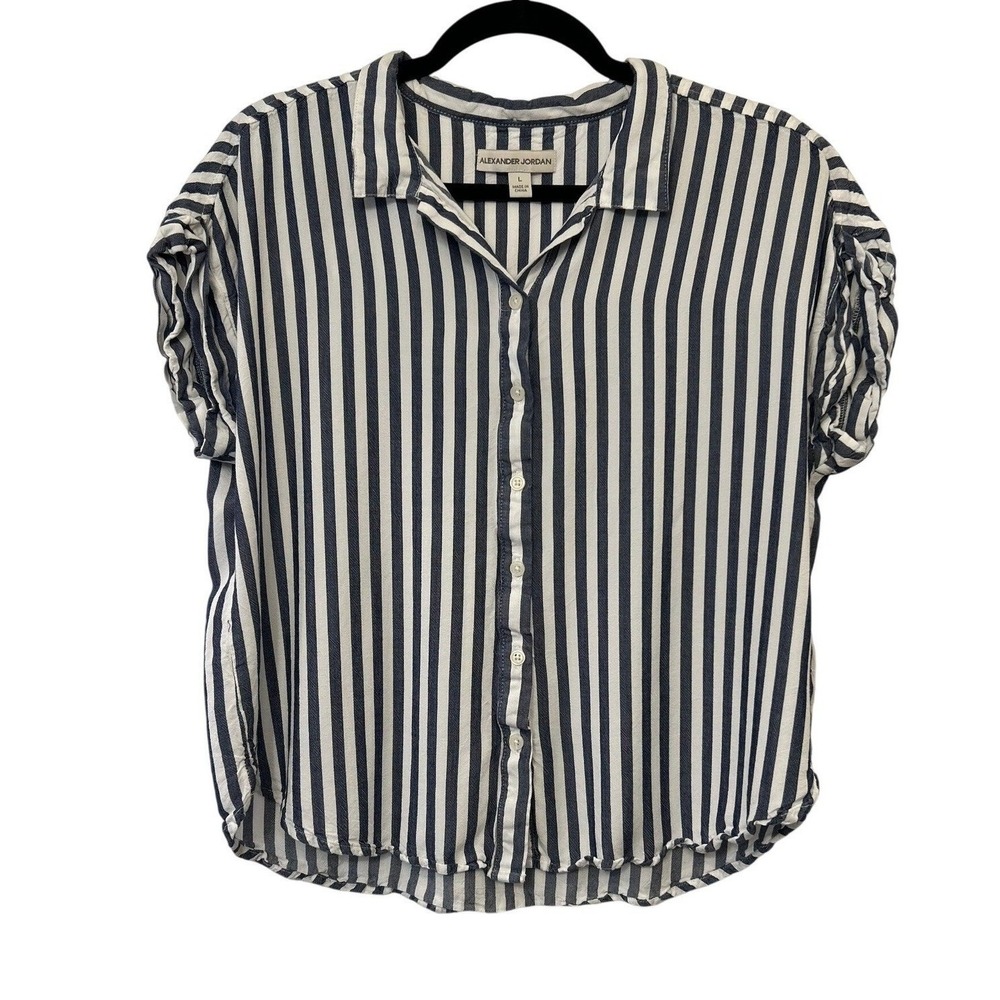 Alexander Jordan Blue White Stripe Blouse L Ruched Sleeve Minimalist Layer Work